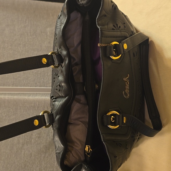 Coach Black Floral Cutout Leather Bag - Picture 6 of 11